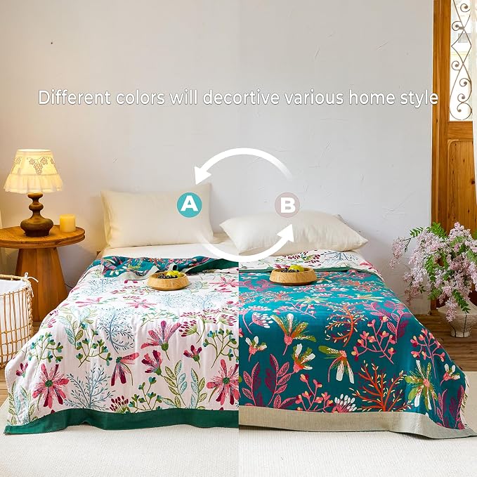 100% Cotton Boho Throw Blanket 90"x98" Oversized Reversible Botanical Summer Quilt for Queen Bed Sofa Couch 4-Layer Breathable Gauze Floral Muslin Blanket for Home Decor Gift White/Teal