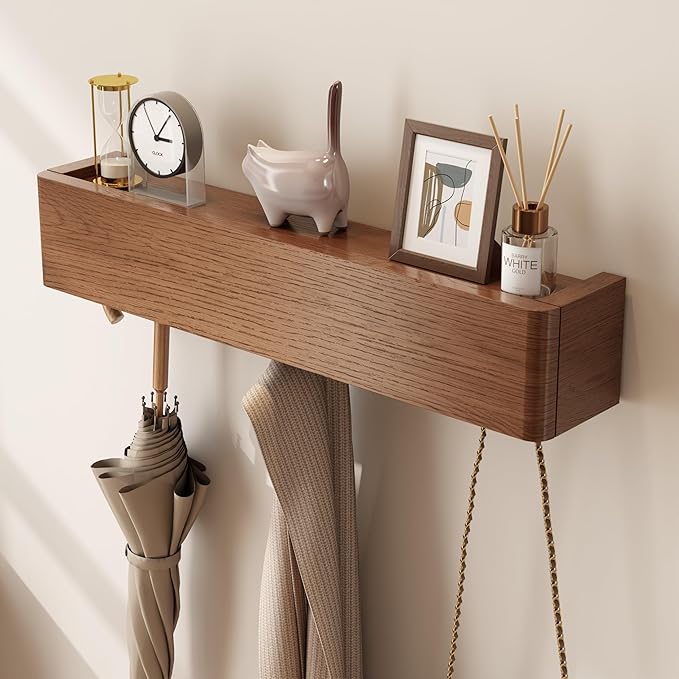 CycleCrew Solid Wood Wall Mounted Coat Rack with Shelf Hooks - Modern Floating Shelves with 5 Hidden Hooks, Heavy Duty Entryway Coat Key Holder Hanger for Hallway Bathroom Bedroom Home Decor