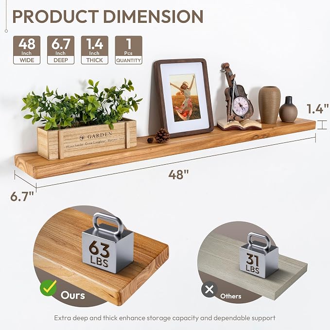 Marsmiles 48 inch Floating Shelves for Wall Solid Elm Wood Wall Mounted Shelves|Rustic Long Floating Shelves with Invisible Bracket for Bathroom Kitchen|Rounded Edge|Natural, 1 Pack