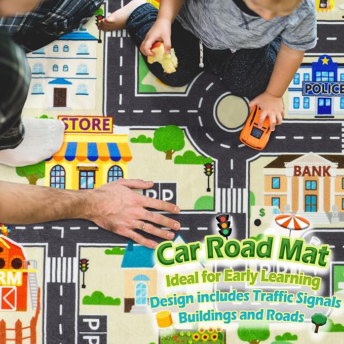 Car Rug Play Mat for Kids Toy Cars, City Road Traffic Playmat for Kid Bedroom, Non-Slip Machine Washable Kids Rugs for Learn and Have Fun 6'x9'/ 72"x108", Beige