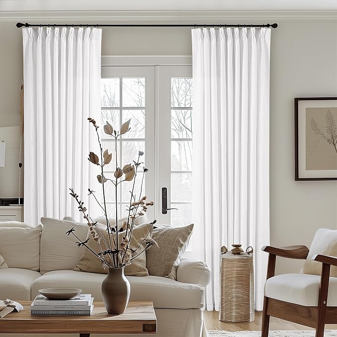 TWODRAPES 60 Inch Width Curtains 90 Inches Long Linen Curtains Pinch Pleated 90 Inch Length for Living Room Bedroom White Semi Sheer Back Tab Hooks Rings Pinch Pleat for Patio Glass Door 1 Panel