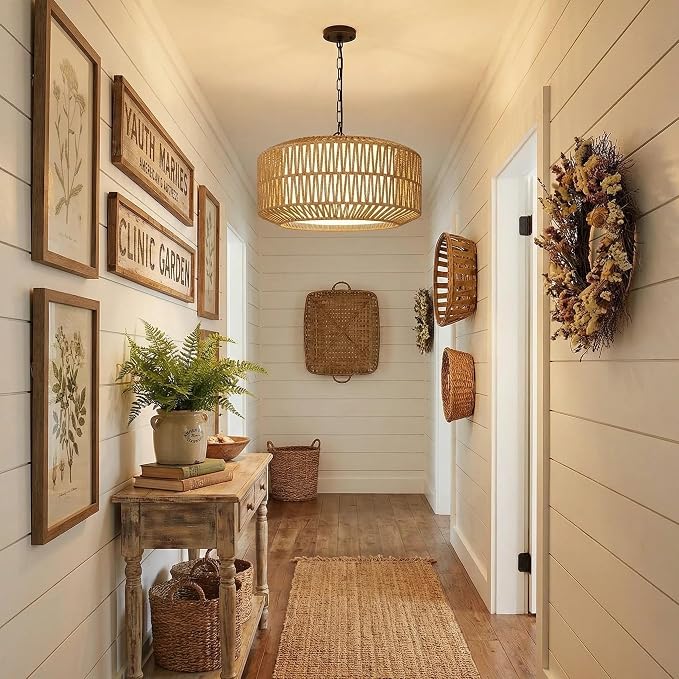 9"-52" Height Adjustable Farmhouse Chandelier Light Fixture, 5-Light Rattan Boho Chandeliers for Dining Room, Hand Woven Pendant Light with Linen Shade, Rustic Hanging Lighting for Kitchen Island