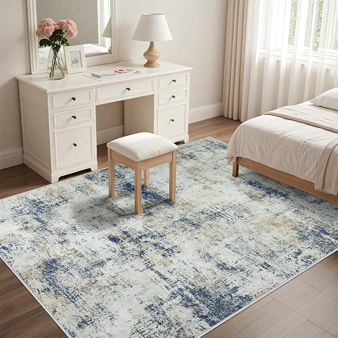 Washable Rug 6x9 Area Rugs: Soft Large Living Room Rug with Anti-Slip Backing Non-Shedding Stain-Resistant Modern Abstract Carpet for Bedroom Dining Room Nursery Home Office Blue Brown