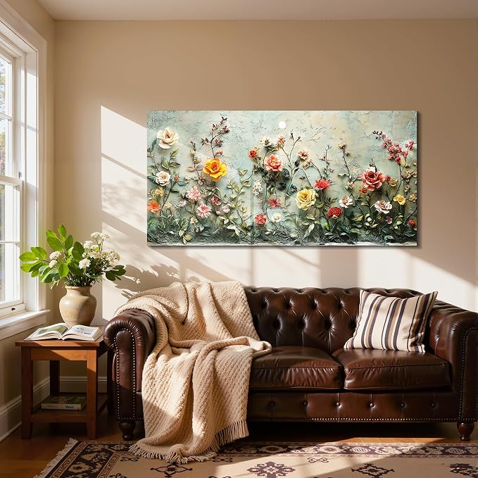imjiayu Oversized Wall Art, Floral Wall Decor, Vintage Wall Art, Romantic Rose Painting, French Country Flower Botanical Prints, Elegant Big Pictures for Living Room Dining Room Farmhouse 29"x57"