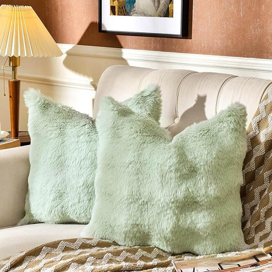 AmHoo Pack of 2 Throw Pillow Covers 3D Dense Faux Rabbit Fur Cozy Super Soft Fuzzy Set Case Cushion for Couch Sofa Bedroom 18 x 18-Inch Green