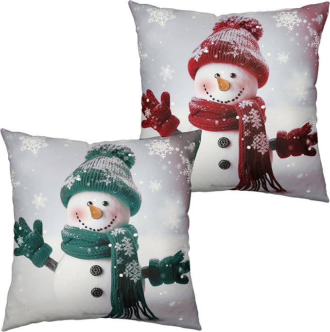 Christmas Green and Red Snowman Pillow Covers Winter Holiday Throw Pillow Covers 22x22 Cotton Linen Cushion Case for Bedroom Living Room Couch Pack of 2