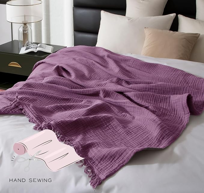 KyraHome 100% Organic Cotton Throw Blanket 60"x80" Large Muslin Blanket for Couch,Pre-Washed Plant Dyed, Breathable Lightweight Gauze Summer Blanket, All Season (Lavender Purple)
