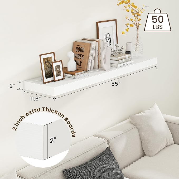 FLYJOE Deep Floating Shelves, 55 Inch White Shelves Set of 1 | 12 Inch Deep Shelves for Wall, 55'' x 12'' Rustic White Wood Shelves for Bathroom Living Room Laundry Room Kitchen
