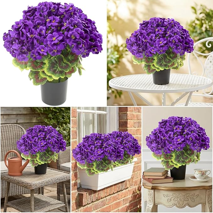 lovemoon 2Set Geranium Potted Artificial Flowers,Fake Geranium Plants for Outdoor Home Décor Office Tables Porch Garden Decor (2, Purple)