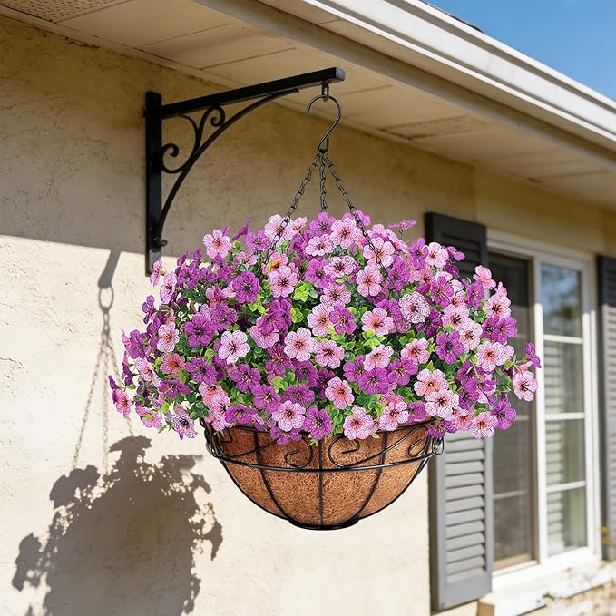 Artificial Fake Hanging Flowers Plants Basket Outdoors, Faux Silk UV Resistant Look Real Daisy Eucalyptus for Spring Summer Garden Porch Home Patio Balcony Yard Decorations, Pink Purple