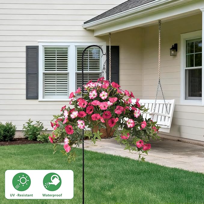 Artificial Fake Flowers Hanging Plants for Outdoor Spring Summer Decoration, 2Pcs Faux Petunias Realistic Silk Flower UV Resistant No Fade for Home Outside Garden Balcony Yard Porch Indoor (Rose Red)