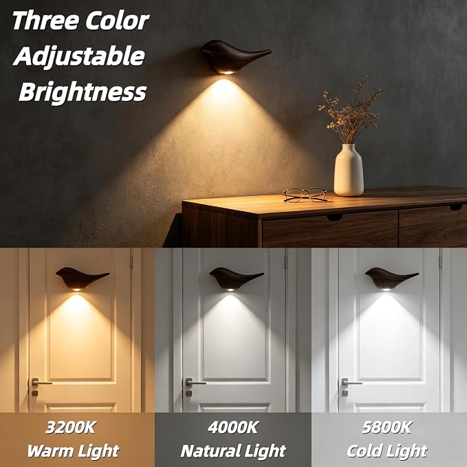 Cute Bird Night Light: Motion Sensor Lights Indoor - Magnetic Mounting & 3 Color Dimmable - One Charge Three Weeks of Worry-Free Use - 4-Pack Set (Deep Wood Grain)