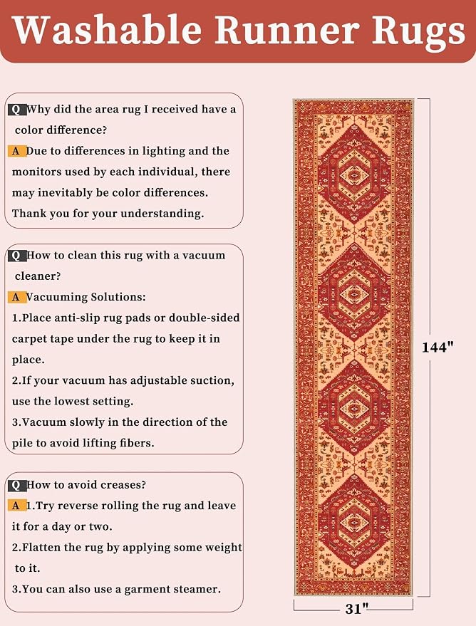 SERISSA Runner Rug for Hallways, 2'6"x12' Washable Non Slip Kitchen Runner Rug, Extra Long Boho Rug Ultra Soft Vintage Red Print Floor Carpet for Bedroom Hallway Entryway Bathroom Laundry Room