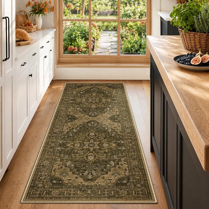 RELEANY Area Rugs Runner 2'x6' Washable Non-Slip, Floral Vintage Distress Medallion Carpet for Kitchen Hallway Bedroom Beside Laundry Room Bathroom, Brown Dark Brown