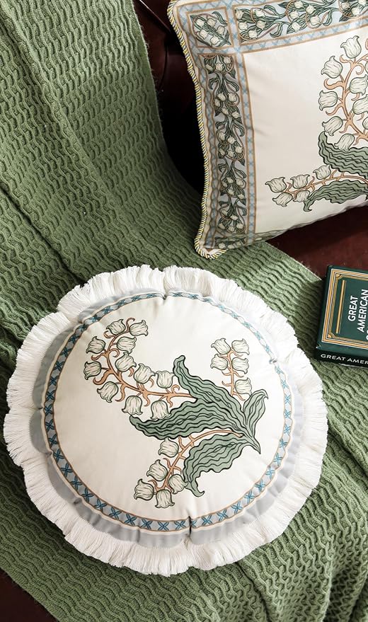 patdrea Designer French Velvet Throw Pillow Cover,Set of 4,-Callista | Elegant Lumbar Pillow Case,Green Vintage Floral Design,Decor Cushion Coverfor Couch Living Room Bedroom Sofa,Fringe Trim
