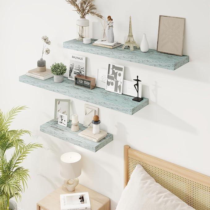 40in Floating Shelves for Wall, 40"W x 9.25"D x 1.25"H, 2 Pack Long Wall Mounted Engineered Wood Shelves with Invisible Brackets for Living Room, Bedroom, Bathroom, Kitchen Decor and Storage, Blue