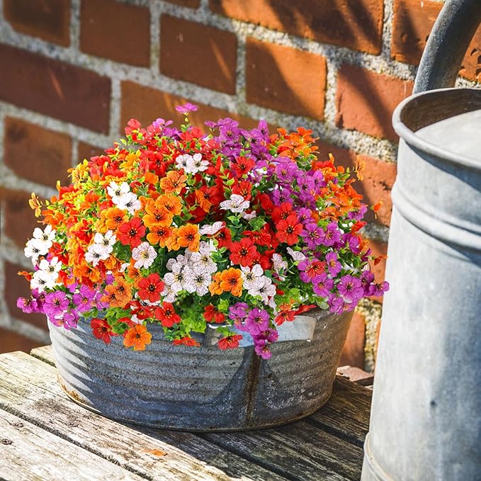 ADXORA 12 Bundles Artificial Flowers,Faux Plants for Spring Summer Decoration, UV Resistant Colorful Violets Eucalyptus for Outside Home Planter Porch Patio Yard Décor