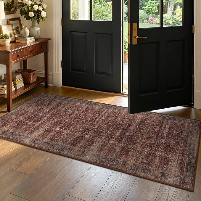 Vintage Brick Red 2x5 Rug Runners for Hallways, Non Slip Washable Kitchen Bathroom Runner, Low Pile Thin Print Carpet for Entryway/Foyer/Laundry Room, Distressed Farmhouse Bedside Runners
