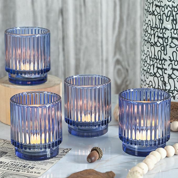 Vintage Ribbed Blue Glass Tealight & Votive Candle Holders (Set of 12), Wedding Bridal Shower Party Table Decor, Fall Decor, Boho Decor, Shelf Decoration