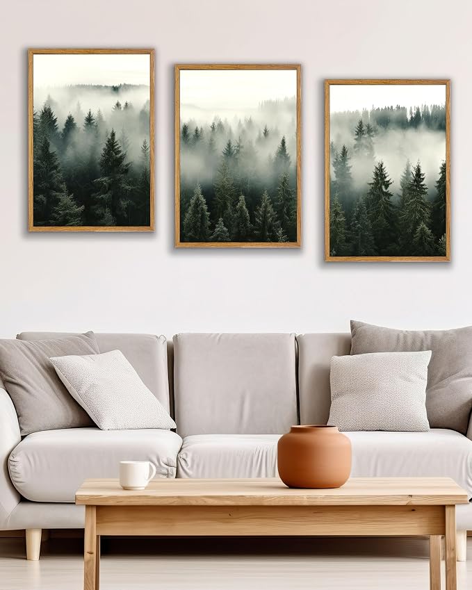 UPWOIGH Foggy Forest Framed Wall Art, 16 x 24 Inch, Set of 3 | Misty Evergreen Forest Triptych Prints, Moody Nature Design, Warm Wood Frames for Bedroom, Office and Living Room