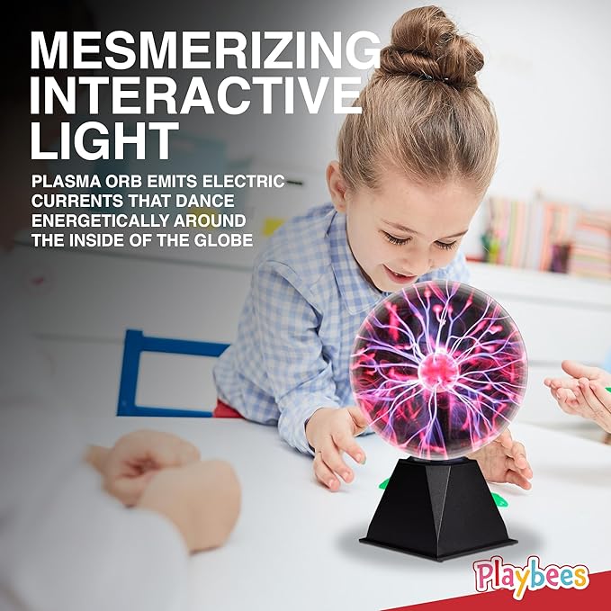 Playbees Red Plasma Ball - 7 Inch - Tesla Coil Bulb Static Electricity in a Vacuum Pressurized Glass Globe, Nebula Thunder Lightning, Plug-in - for Parties, Decorations, Prop, STEM