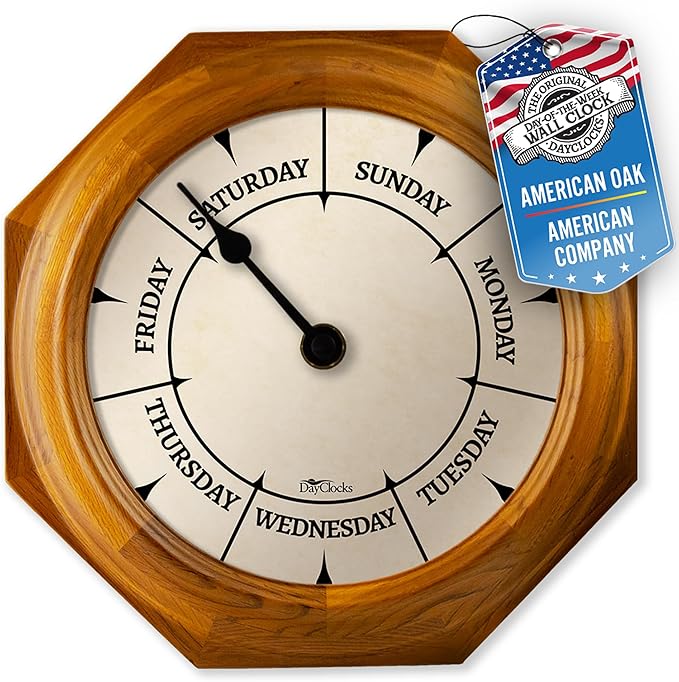 Classic Day of The Week Wall Clock - 10" Solid Oak Wood Frame, Ideal Retirement Gift for Men and Women, Day Clock for Seniors and Retirees
