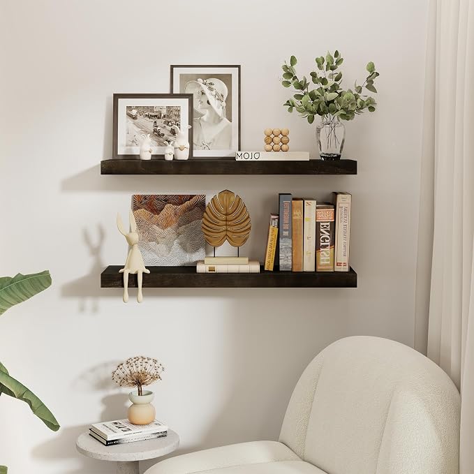 fuqing Floating Shelves for Wall - 36 Inch Dark Wood Shelves Set of 2-36 Inch Wide x 9.3 Inch Deep x 1.6 Inch Thick Wood Wall Shelves for Room Decor & Storage