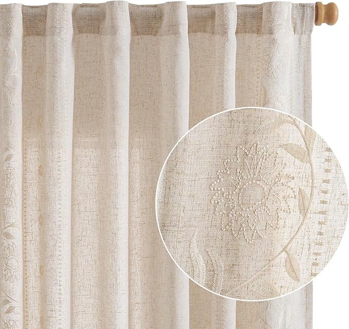 jinchan Winslow Linen Curtains for Bedroom 108 Inches Length Embroidered Bordered Floral Curtains for Living Room Farmhouse Decor Light Filtering Window Treatments Ivory on Beige Drapes 2 Panels