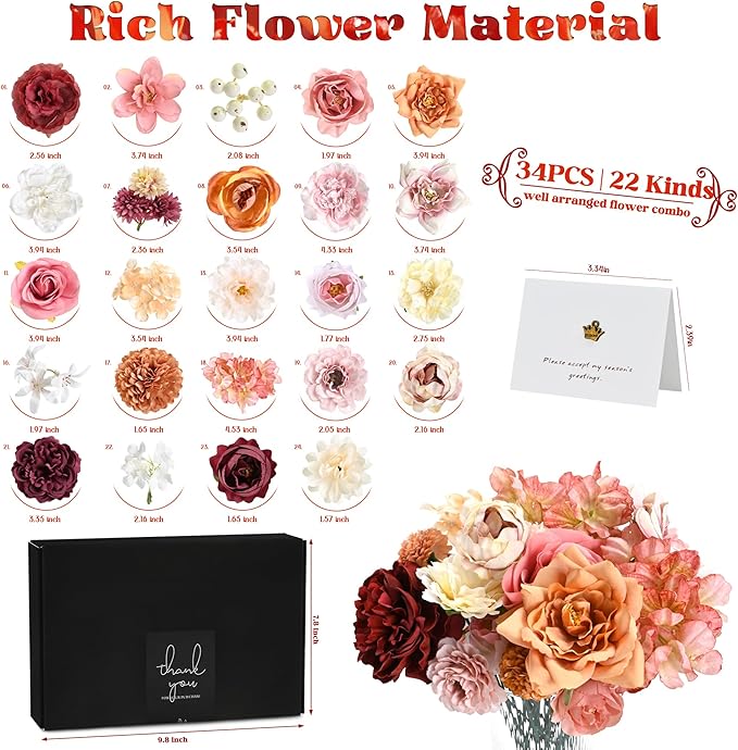 Artificial Flowers Combo Box, 34PCS Fake Flowers, Silk Flower Mix with Wire Stem, DIY Wedding Bridal Bouquet for Arrangement, Shower Party Home Décor, Soft Blush & Apricot Mix