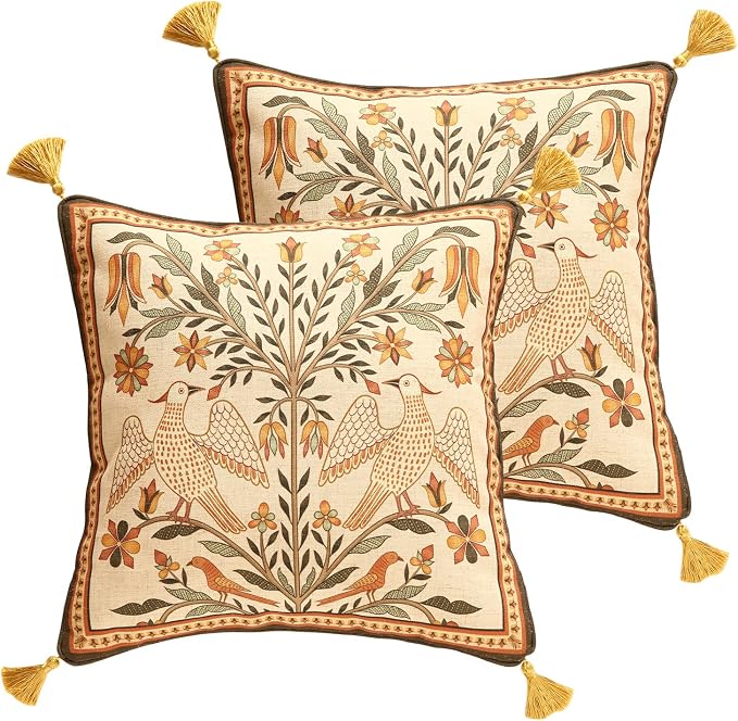 bilin gaier Designer Linen Throw Pillow Covers,18"x18" Set of 2-Seville A | Vintage Elegant Square Pillow Cover,Concealed Zipper,Floral and Bird Pattern,Sofas,Bedroom,Living Room,Lounge Chairs