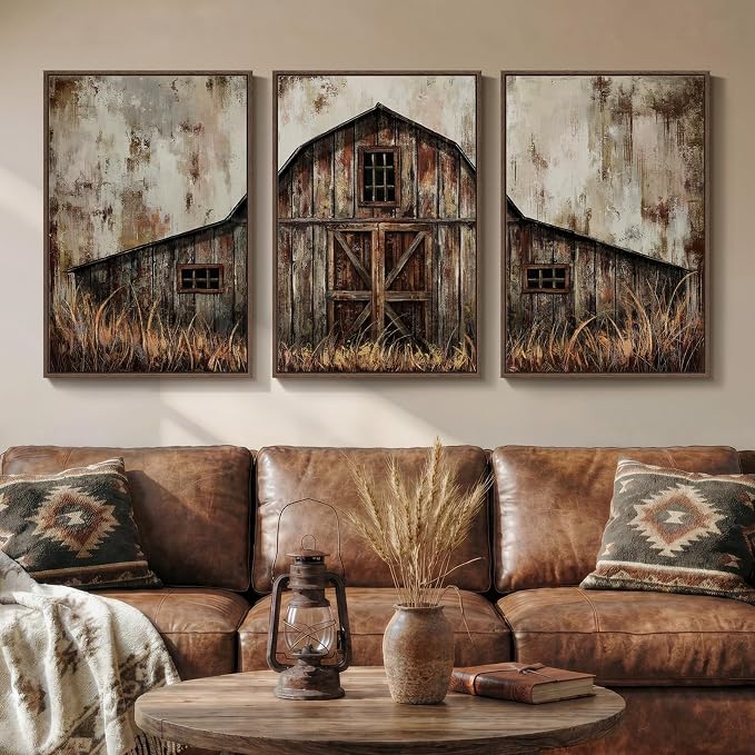 Framed Vintage Farmhouse Wall Art for Living Room, Set of 3 Retro Barn Canvas Prints, Rustic Country Wall Decor for Bedroom Dining Room Office Hallway 20x30 Inch