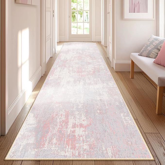 RELEANY Washable Area Rugs 2'x6' Non-Slip Modern Abstract Soft for Living Room Entryway Bedroom Nursery, Print Pattern, Grey Pink