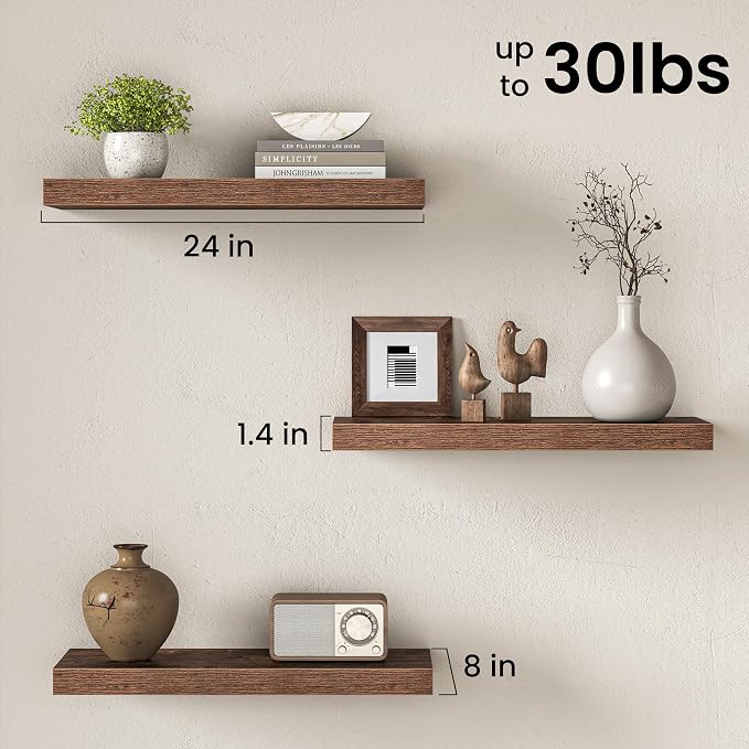 Fun Memories 24 Inch Floating Shelves - 8 Inch Deep Rustic Brown Wooden Wall Shelves - Extra Deeper & Thicker Wall Mounted Storage Shelf for Bedroom, Kitchen, Farmhouse, Brown - Set of 3