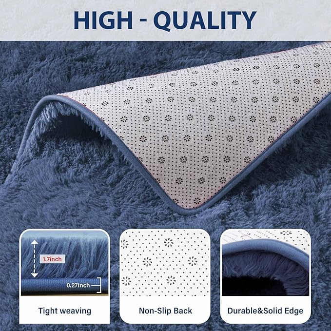 FinRèc Dark Blue Rug for Bedroom Living Room, 5x8 Feet High Pile Plush Area Rug, Non-Slip Soft Fluffy Carpet for Nursery Kids Room Dorm Room Home Decor, Indoor Fuzzy Floor Rugs
