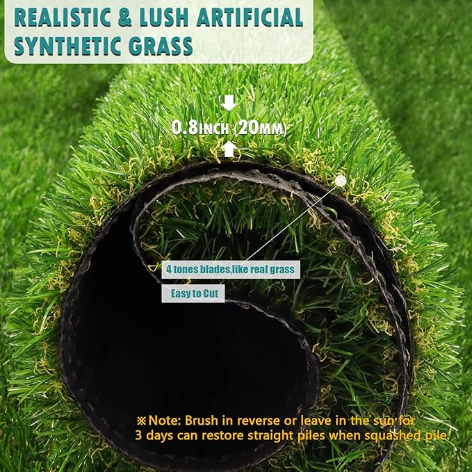 Heyroll Artificial Turf Grass Indoor Outdoor 7 ft x 25 ft, 0.8 inch Realistic Synthetic Fake Grass, Artificial Lawn Rug Dog Pets Mat, Turf Carpet for Patio Landscape Backyard, Custom Size