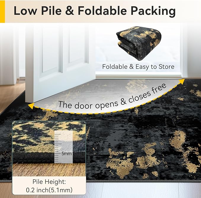 RELEANY Washable Area Rugs 3x12 Non-Slip Modern Abstract Soft for Living Room Entryway Bedroom Nursery, Print Pattern, Dark Black Gold