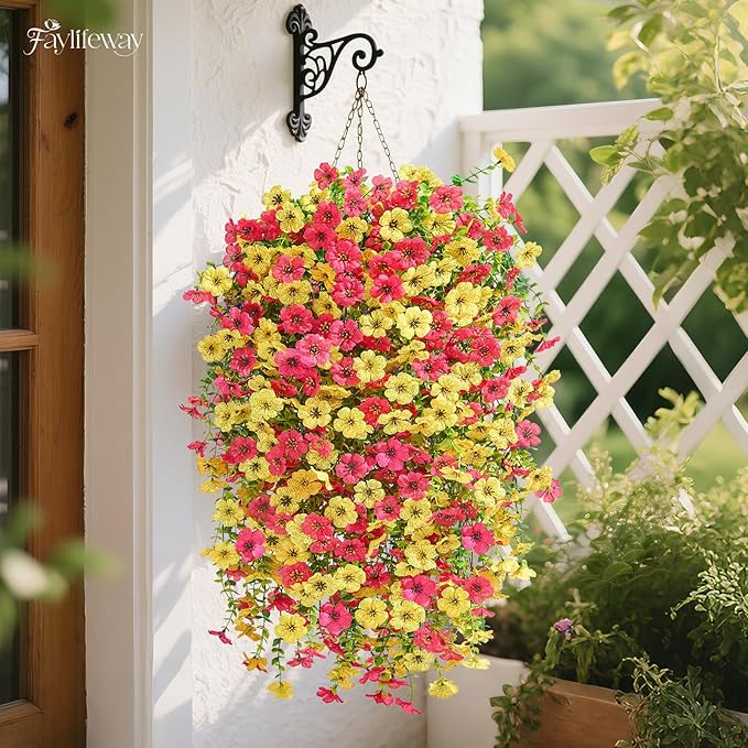 Artificial Hanging Flowers for Outdoors Spring Summer Decoration, 8PCS UV Resistant Silk Fake Hanging Plants for Patio Porch Front Yard Window Garden Indoor Decor(Hot Pink&Yellow,8PCS)