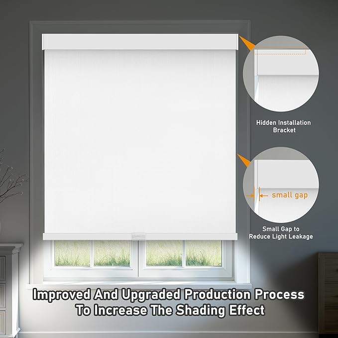 AOSKY Linen Roller Blinds Shades for Indoor Windows Pull Down Cordless Blackout Black Out Window Shade 33 Inch Blinds for Home White