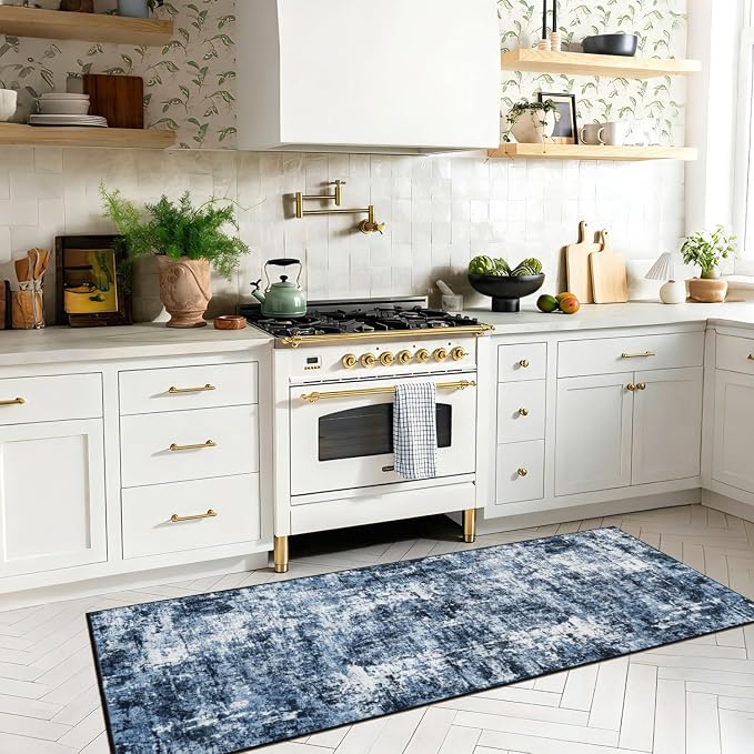 Rugflix 2x7 Runner Rug for Entryway, Kitchen Rugs Soft Non-Slip Washable Runners for Hallway, Abstract Small Carpet with Non-Slip Backing for Bedroom, Living Room, Navy Blue/Black