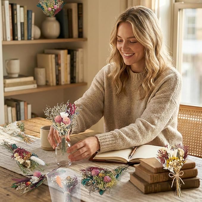 12/24PCS Handmade Dried Flower Bouquet with Stems Natural Dried Wildflowers 7.5 Inch Mini Dry Flowers for Vase Farmhouse Decor, Wedding Styling, Photography Props, Gift DIY(12pcs, Bright)