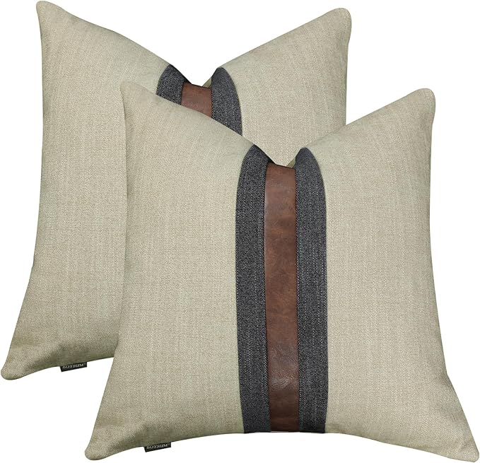 BOYSUM Set of 2 Leather Throw Pillow Covers Cotton Linen Decor Patchwork Pillow Cover Faux Leather Pillows Cover for Couch Sofa Living Room Bedroom,Beige Yellow 18"x18"