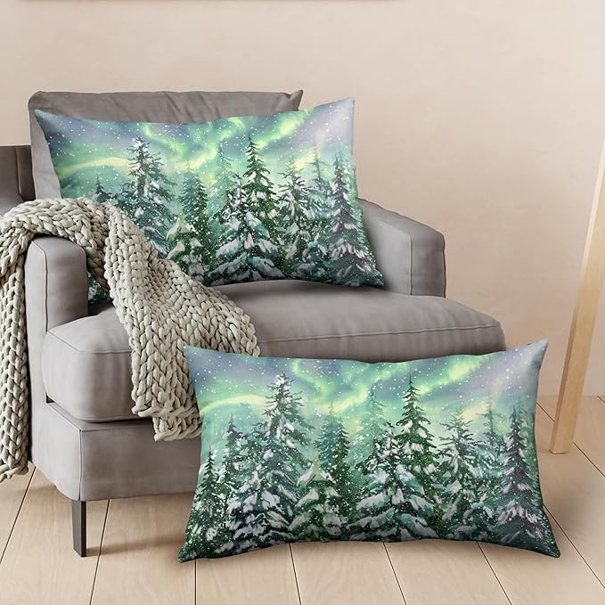 Winter Aurora Lumbar Pillow Covers 12x20 Set of 2 Snowy Pine Tree Throw Pillow Covers Green Polar Light Forest Pillow Case Rectangular Cushion Case for Home Decor Couch Sofa