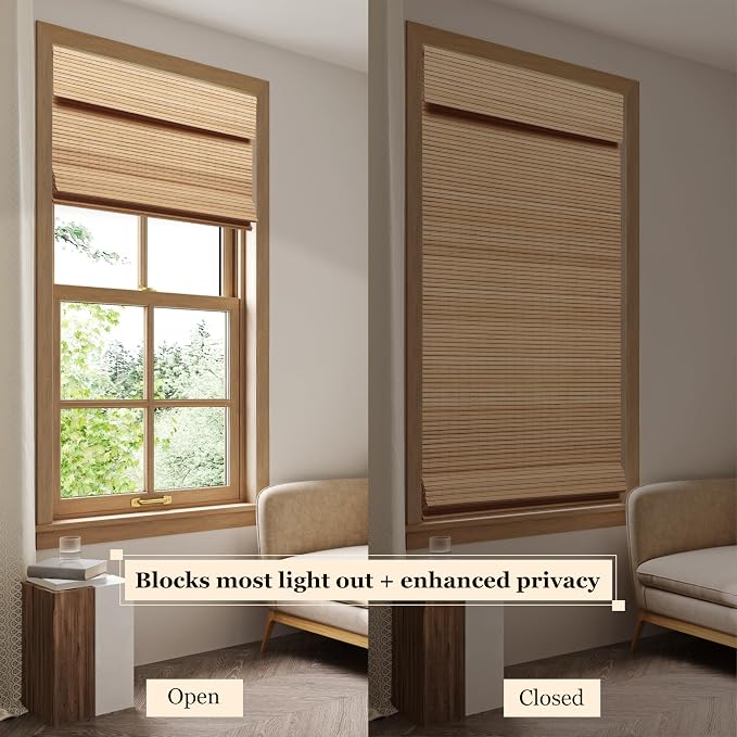 LUCKUP Cordless Bamboo Roman Blinds Shades for Indoor Windows-Blackout Room Darkening Roman Blinds with 6" Valance Cover Enhanced Privacy, 42" W x 64" H