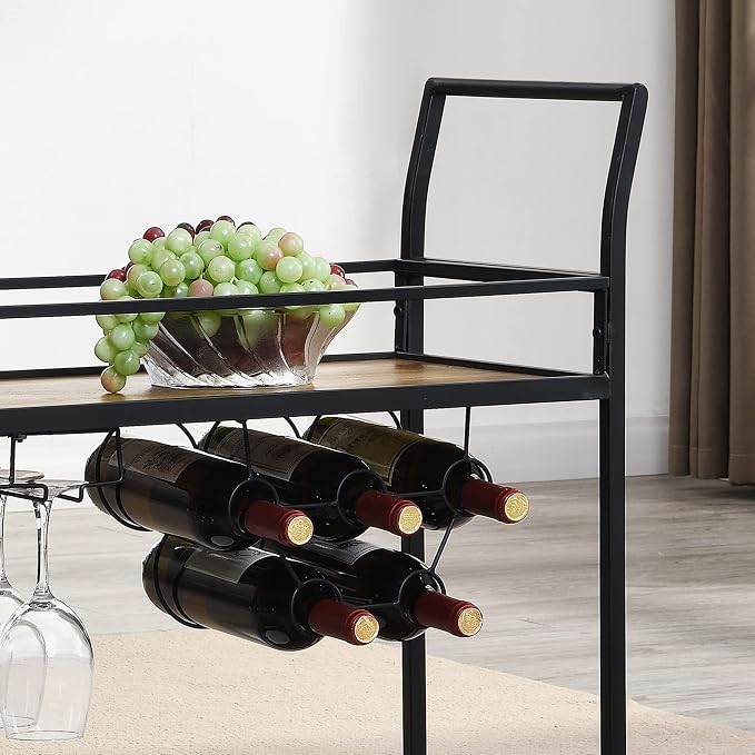 FirsTime & Co. Black and Brown Gardner Bar Cart, 2 Tier Mobile Mini Bar, Kitchen Serving Cart and Coffee Station with Storage for Wine and Glasses, Metal and Wood, Modern
