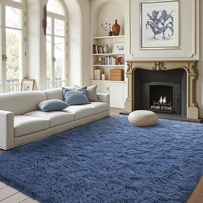FinRèc Dark Blue Rug for Bedroom Living Room, 4x6 Feet High Pile Plush Area Rug, Non-Slip Soft Fluffy Carpet for Nursery Kids Room Dorm Room Home Decor, Indoor Fuzzy Floor Rugs