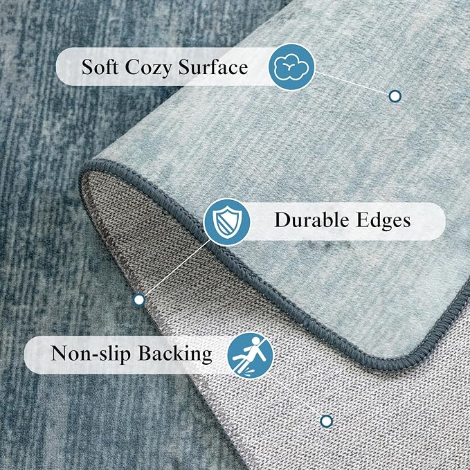 3x5 Washable Area Rug, Blue Solid Area Rugs for Living Room & Bedroom | Stain-resistant & Non-slip backing,Low Pile Washable Large Carpet, Solid Vintage Style For High Traffic Areas(3x5,Blue)