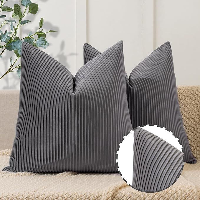 YCOLL Gray Pillow Covers 20x20 Set of 2 Velvet Striped Pattern - Soft Throw Pillows for Home Decor, Luxury Decorative Pillow Covers for Couch, Bed,Living Room
