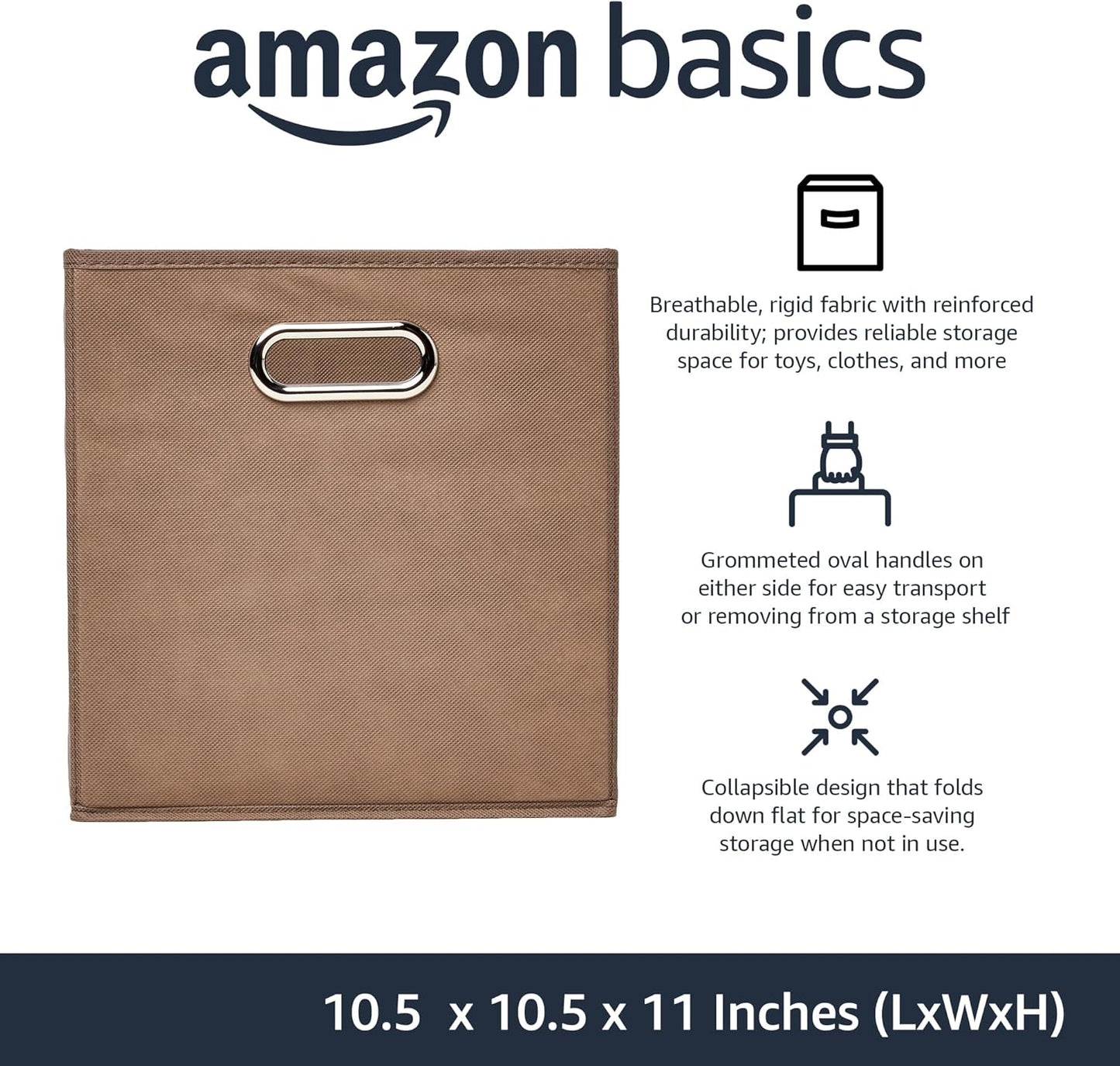 Amazon Basics Collapsible Cube Storage Organizer Bins, 6-Pack, 10.5 x 10.5 x 11 inches, Taupe