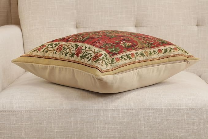 Charlotte Home Furnishings Inc Tapestry Red Tree of Life Throw Pillow Covers 18x18, European 100% Cotton Jacquard Woven Fabric, Boho & Vintage Inspired Decorative Cushion for Living Room and Sofa