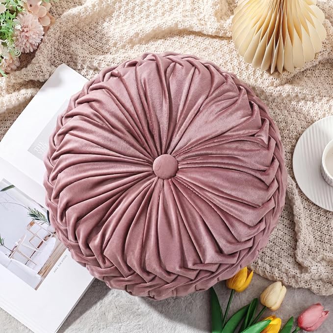 Drydiet 1 Pcs Round Throw Velvet Pillows Decorative Pleated Throw Pillows Diameter Accent Pumpkin Boho Chair Cushion for Couch Sofa Home Decoration (Dusty Rose,15'')